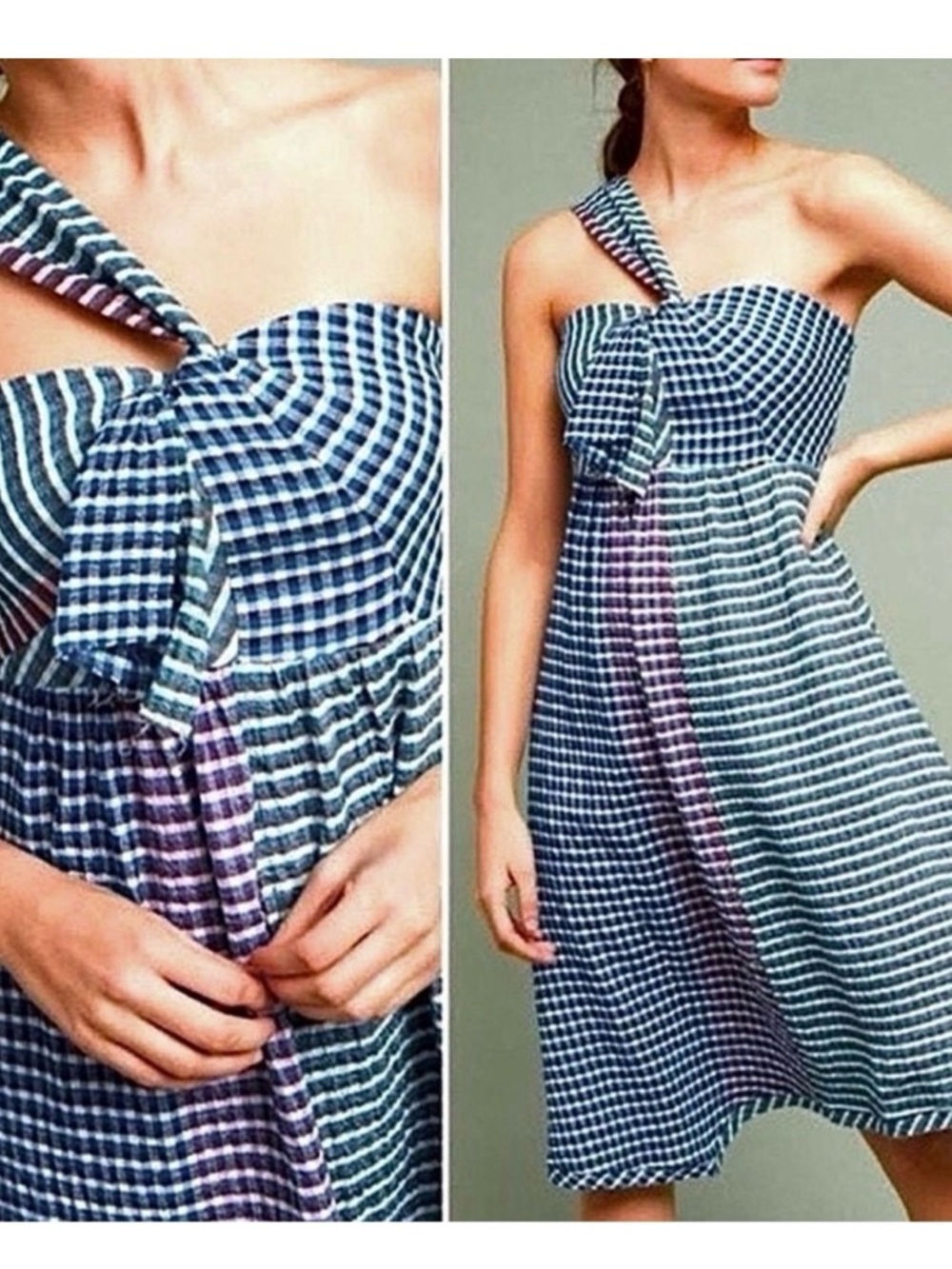 NWT Anthropologie Maeve Waverly blue gingham plaid One Shoulder Dress size 8 M